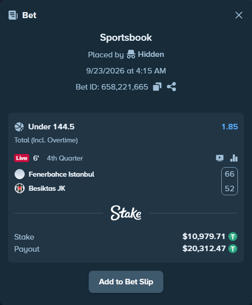 Bet slip: Fenerbahce Istanbul - Besiktas JK, $10,979.71 stake at 1.85 odds, placed by Hidden