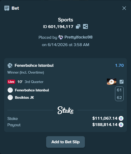 Bet slip: Fenerbahce Istanbul - Besiktas JK, $119,529.42 stake at 1.70 odds, placed by Prettylfacko98