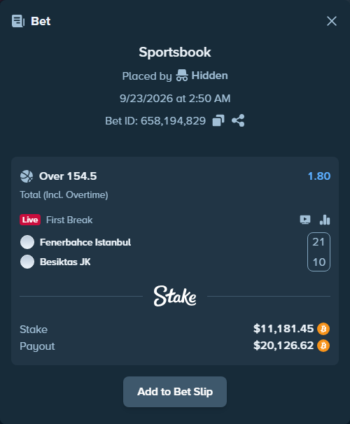Bet slip: Fenerbahce Istanbul - Besiktas JK, $10,844.20 stake at 1.80 odds, placed by Hidden