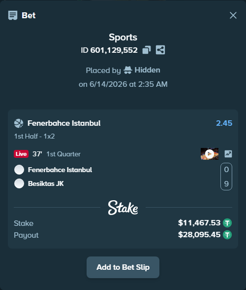 Bet slip: Fenerbahce Istanbul - Besiktas JK, $11,479.00 stake at 2.45 odds, placed by Hidden