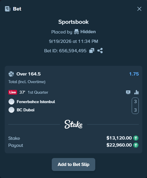 Bet slip: Fenerbahce Istanbul - Dubai Basketball, $13,120.00 stake at 1.75 odds, placed by Hidden