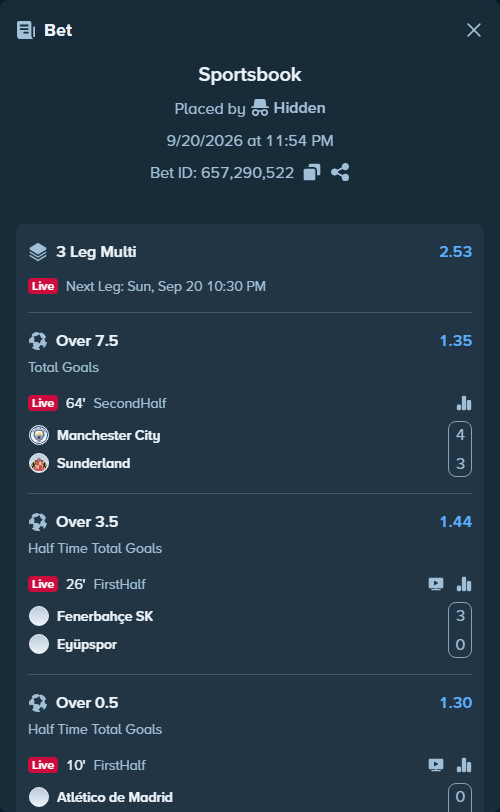 Bet slip: Fenerbahce Istanbul - Eyupspor, $239,709.00 stake at 1.44 odds, placed by Hidden