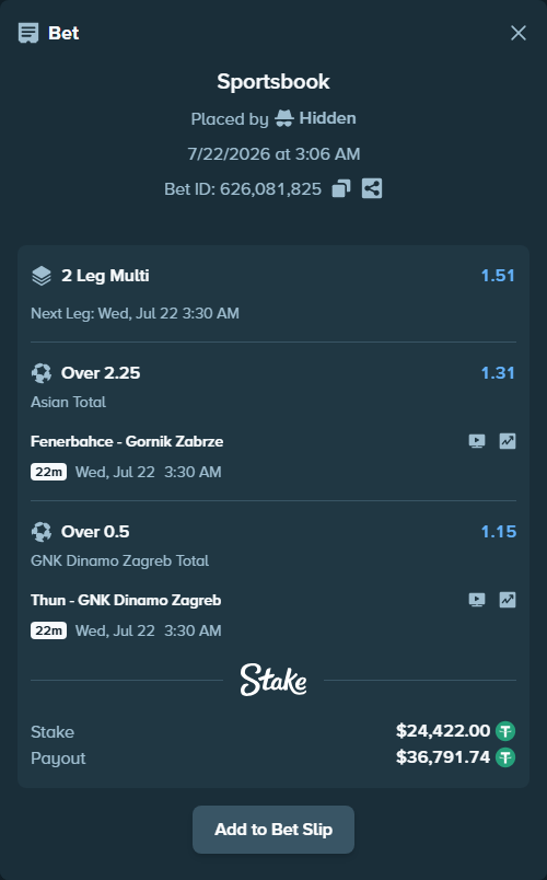 Bet slip: Fenerbahce Istanbul - Gornik Zabrze, $24,446.42 stake at 1.31 odds, placed by Hidden