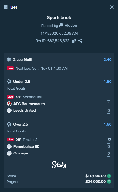 Bet slip: Fenerbahce Istanbul - Goztepe, $10,010.00 stake at 1.60 odds, placed by Hidden