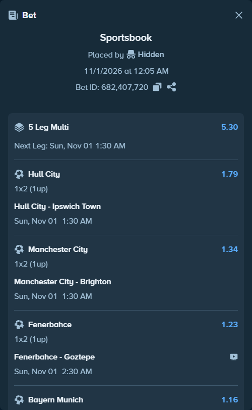 Bet slip: Fenerbahce Istanbul - Goztepe, $14,368.78 stake at 1.23 odds, placed by thesakultah