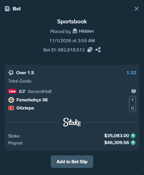 Bet slip: Fenerbahce Istanbul - Goztepe, $35,083.00 stake at 1.32 odds, placed by Hidden
