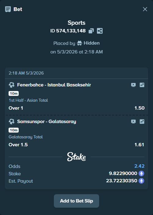 Bet slip: Fenerbahce Istanbul - Istanbul Basaksehir, $17,052.95 stake at 1.50 odds, placed by Hidden