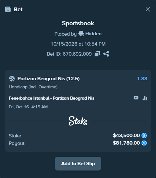 Bet slip: Fenerbahce Istanbul - KK Partizan Belgrade, $43,500.00 stake at 1.88 odds, placed by Hidden