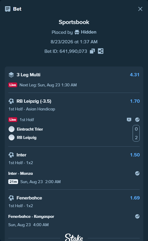 Bet slip: Fenerbahce Istanbul - Konyaspor, $10,000.00 stake at 1.69 odds, placed by Hidden