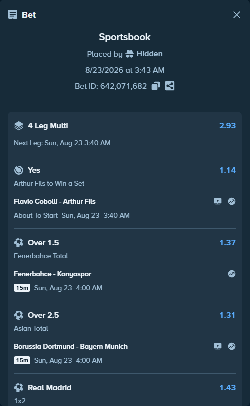 Bet slip: Fenerbahce Istanbul - Konyaspor, $11,817.31 stake at 1.37 odds, placed by Hidden