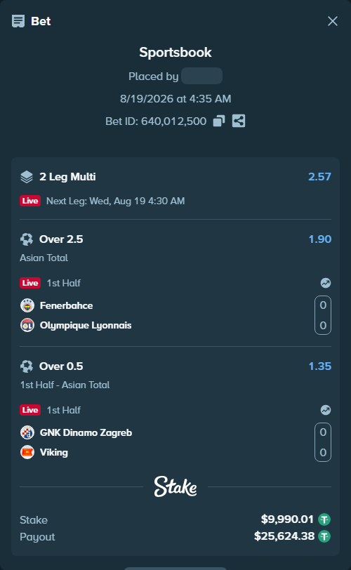 Bet slip: Fenerbahce Istanbul - Olympique Lyonnais, $10,000.00 stake at 1.90 odds, placed by tlwns4736