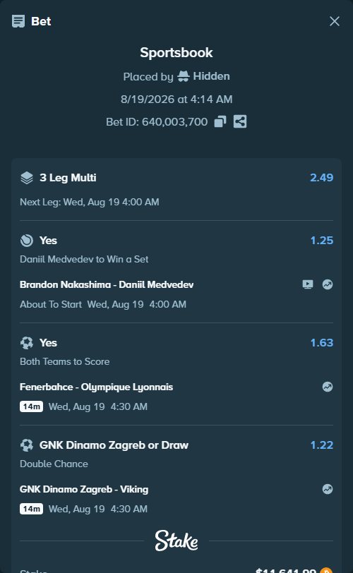 Bet slip: Fenerbahce Istanbul - Olympique Lyonnais, $11,617.93 stake at 1.63 odds, placed by Hidden