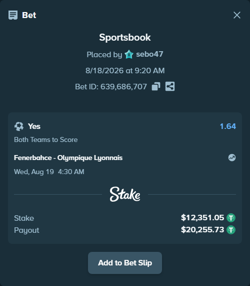 Bet slip: Fenerbahce Istanbul - Olympique Lyonnais, $12,363.41 stake at 1.64 odds, placed by sebo47