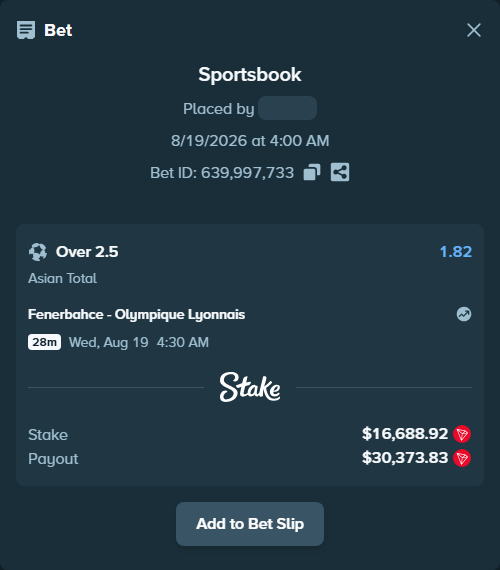 Bet slip: Fenerbahce Istanbul - Olympique Lyonnais, $16,627.80 stake at 1.82 odds, placed by cagirircan1