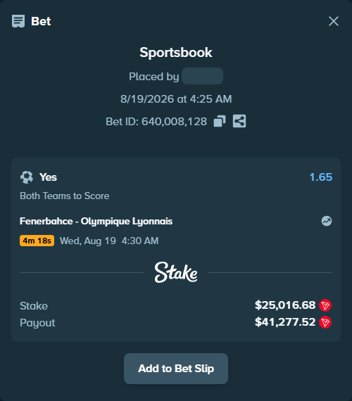 Bet slip: Fenerbahce Istanbul - Olympique Lyonnais, $24,930.75 stake at 1.65 odds, placed by cagirircan1