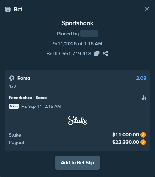 Bet slip: Fenerbahce Istanbul - Roma, $10,961.72 stake at 2.03 odds, placed by Tonyj69