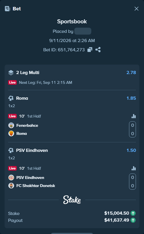 Bet slip: Fenerbahce Istanbul - Roma, $15,000.00 stake at 1.85 odds, placed by KOHINUR7474