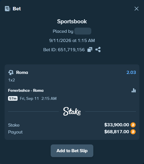 Bet slip: Fenerbahce Istanbul - Roma, $33,782.04 stake at 2.03 odds, placed by Hallfkh