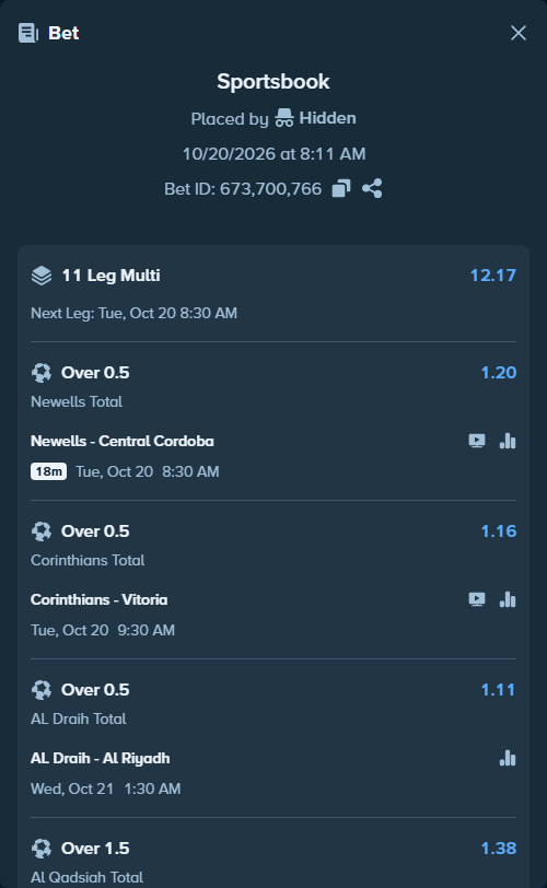 Bet slip: Fenerbahce Istanbul - Slavia Prague, $10,031.02 stake at 1.56 odds, placed by Hidden