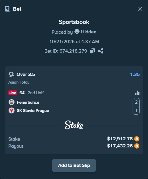Bet slip: Fenerbahce Istanbul - Slavia Prague, $12,852.93 stake at 1.35 odds, placed by Hidden