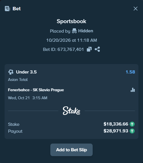 Bet slip: Fenerbahce Istanbul - Slavia Prague, $18,355.00 stake at 1.58 odds, placed by bartex34