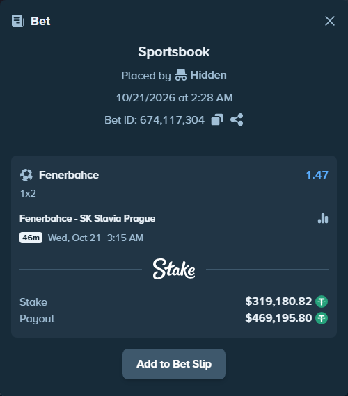 Bet slip: Fenerbahce Istanbul - Slavia Prague, $319,500.00 stake at 1.47 odds, placed by Hidden