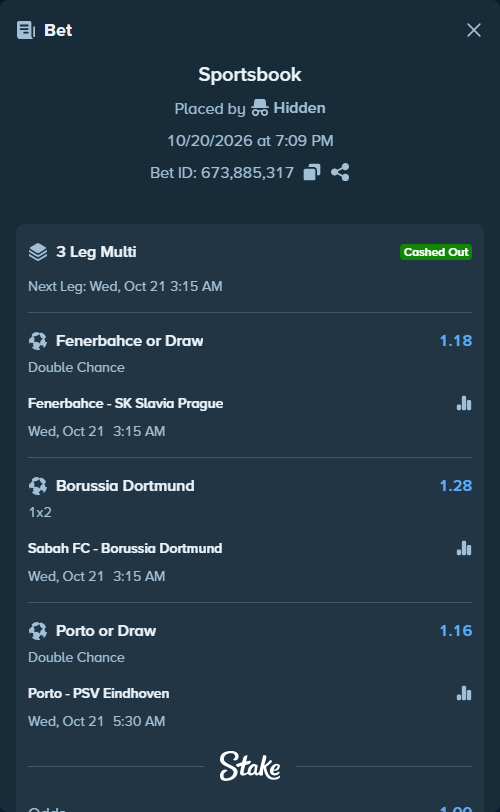 Bet slip: Fenerbahce Istanbul - Slavia Prague, $9,999.02 stake at 1.18 odds, placed by Jordann90