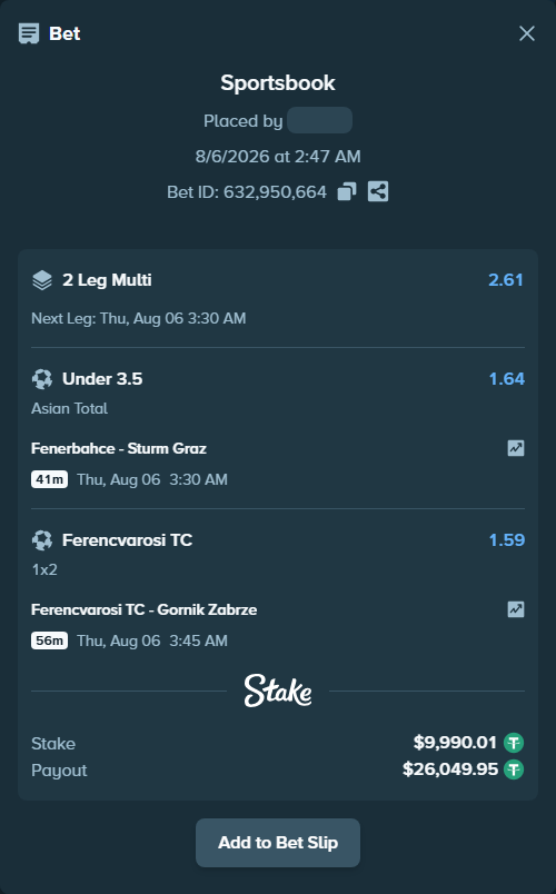 Bet slip: Fenerbahce Istanbul - Sturm Graz, $10,000.00 stake at 1.64 odds, placed by DMNTE96