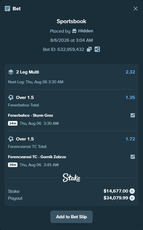 Bet slip: Fenerbahce Istanbul - Sturm Graz, $14,388.13 stake at 1.35 odds, placed by Hidden