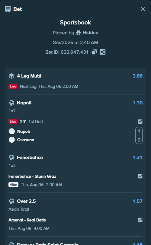 Bet slip: Fenerbahce Istanbul - Sturm Graz, $29,406.57 stake at 1.31 odds, placed by Hidden