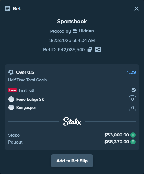 Bet slip: Fenerbahçe SK - Konyaspor, $53,000.00 stake at 1.29 odds, placed by Hidden