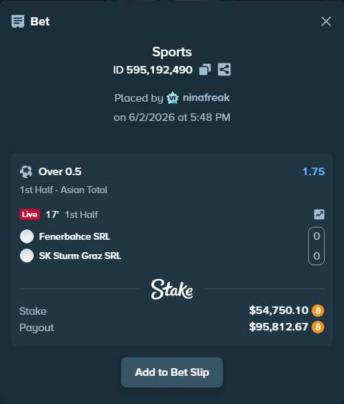 Bet slip: Fenerbahce SRL - SK Sturm Graz SRL, $50,365.66 stake at 1.75 odds, placed by ninafreak