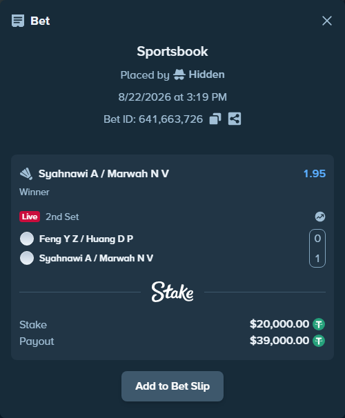Bet slip: Feng Y Z / Huang D P - Syahnawi A / Marwah N V, $20,000.00 stake at 1.95 odds, placed by Hidden