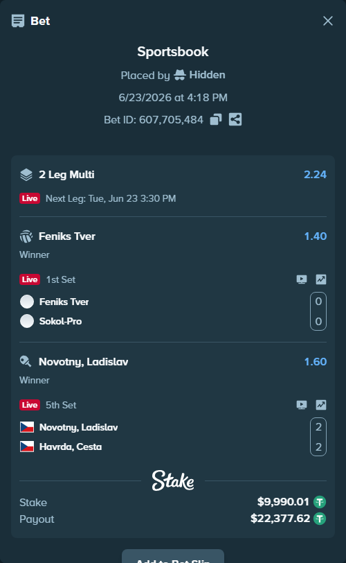 Bet slip: Feniks Tver - Sokol-Pro, $10,000.00 stake at 1.40 odds, placed by Hidden