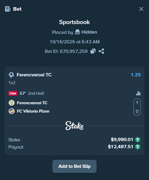Bet slip: Ferencvarosi Budapest - FC Viktoria Plzen, $10,000.00 stake at 1.25 odds, placed by Raja6457