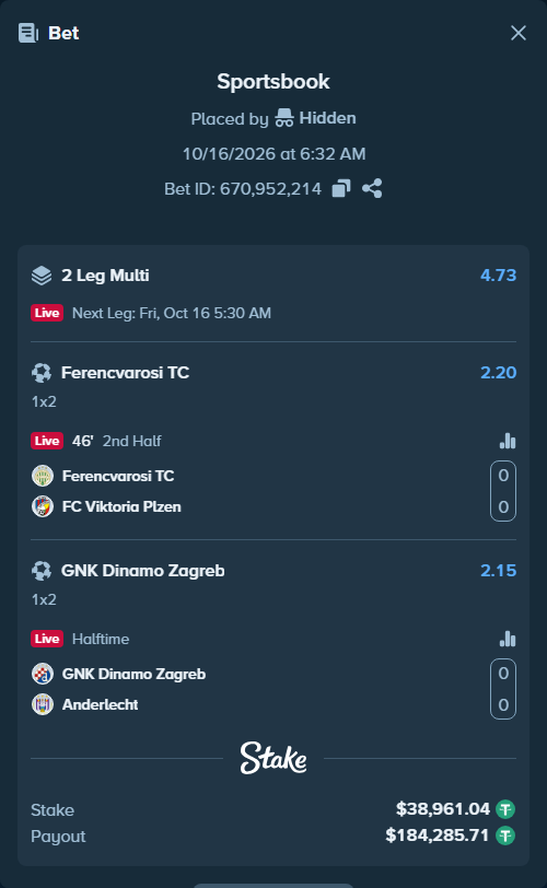 Bet slip: Ferencvarosi Budapest - FC Viktoria Plzen, $39,000.00 stake at 2.20 odds, placed by Hidden