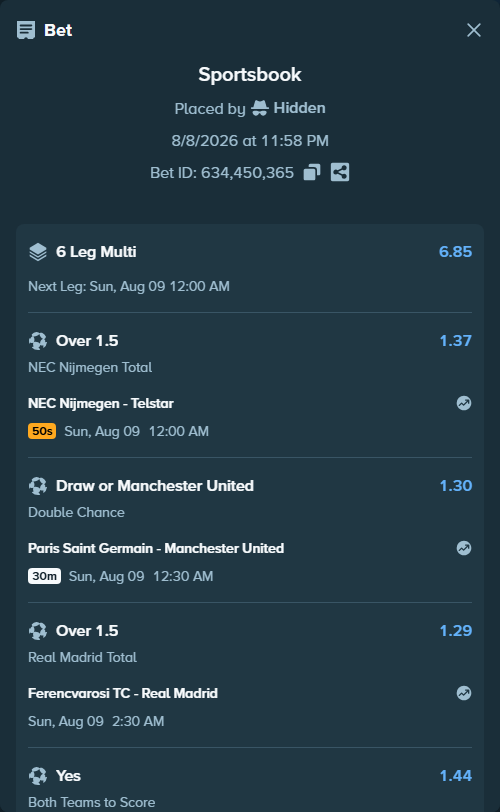 Bet slip: Ferencvarosi Budapest - Real Madrid, $10,890.55 stake at 1.29 odds, placed by Hidden