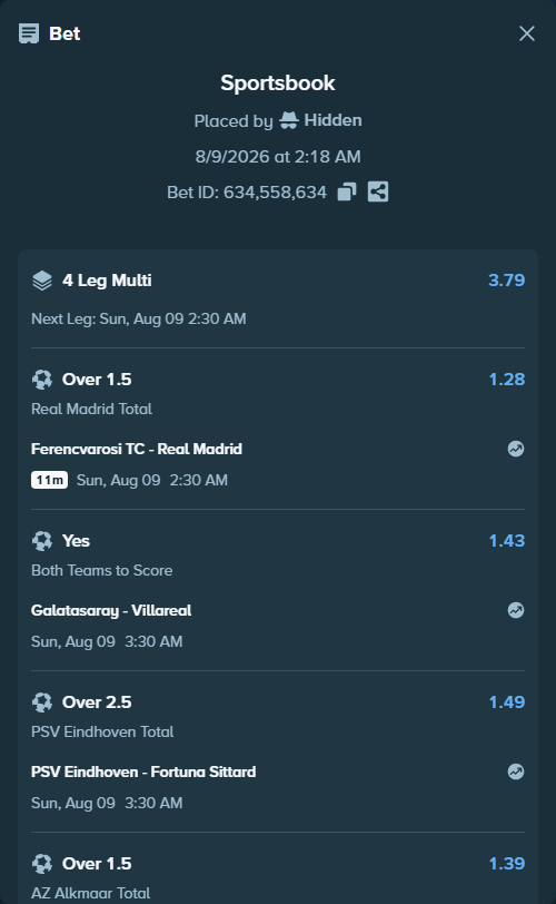 Bet slip: Ferencvarosi Budapest - Real Madrid, $11,776.31 stake at 1.28 odds, placed by Hidden