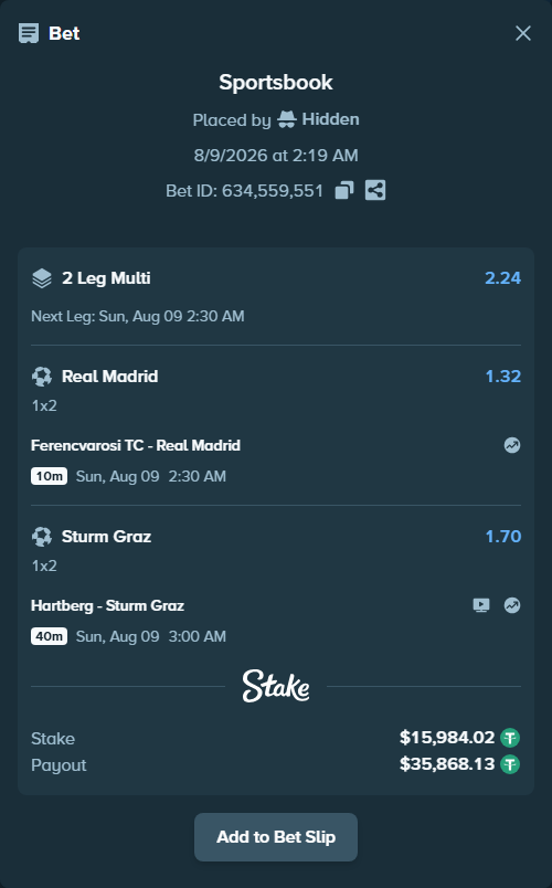 Bet slip: Ferencvarosi Budapest - Real Madrid, $16,000.00 stake at 1.32 odds, placed by Hidden
