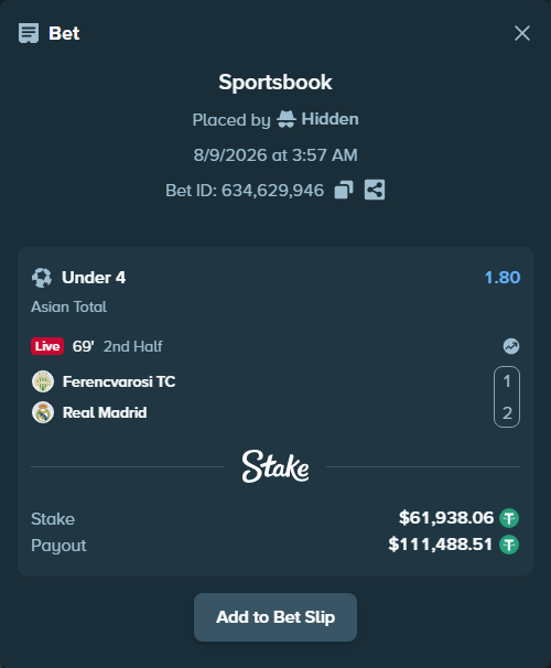 Bet slip: Ferencvarosi Budapest - Real Madrid, $62,000.00 stake at 1.80 odds, placed by Hidden