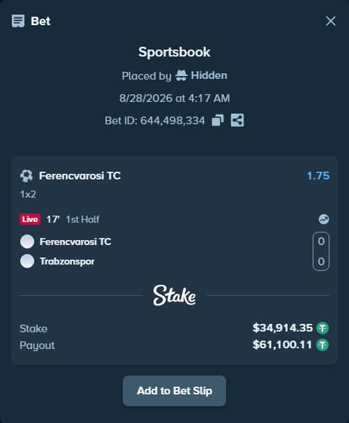 Bet slip: Ferencvarosi Budapest - Trabzonspor, $34,914.35 stake at 1.75 odds, placed by Hidden