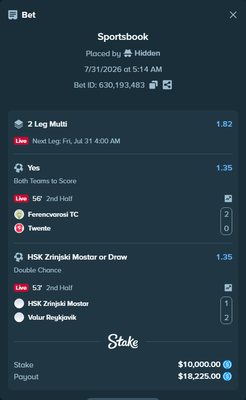 Bet slip: Ferencvarosi Budapest - Twente, $10,000.00 stake at 1.35 odds, placed by Hidden