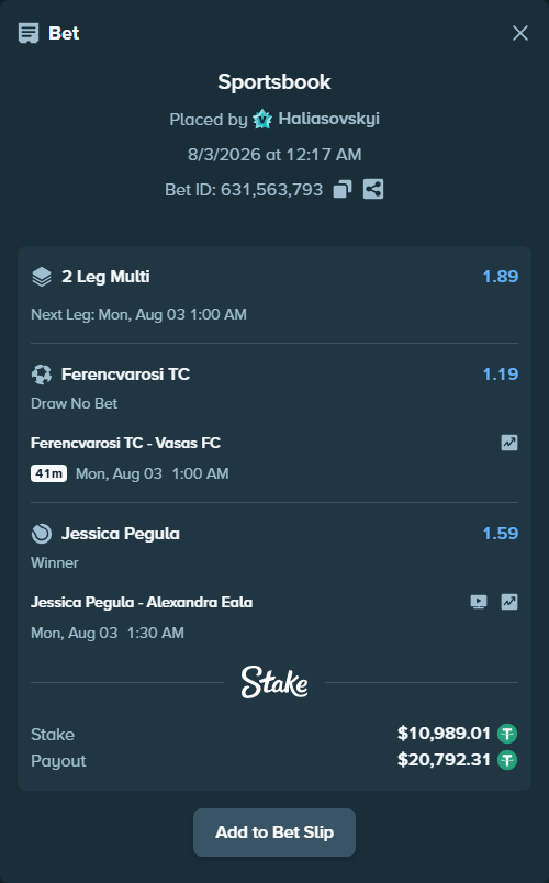 Bet slip: Ferencvarosi Budapest - Vasas FC, $11,000.00 stake at 1.19 odds, placed by Haliasovskyi