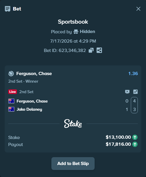 Bet slip: Ferguson, Chase - Jake Delaney, $13,113.10 stake at 1.36 odds, placed by Hidden