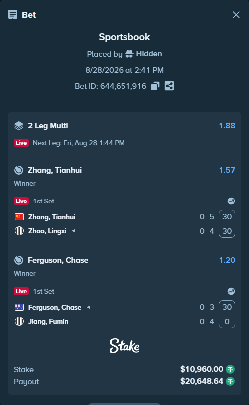 Bet slip: Ferguson, Chase - Jiang, Fumin, $10,960.00 stake at 1.20 odds, placed by Hidden