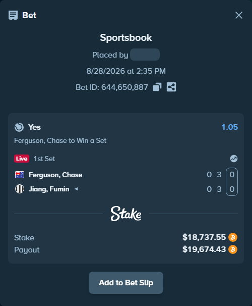 Bet slip: Ferguson, Chase - Jiang, Fumin, $18,792.42 stake at 1.05 odds, placed by messrjaysr