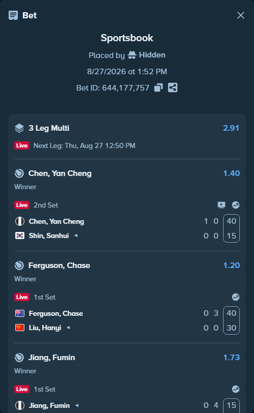 Bet slip: Ferguson, Chase - Liu, Hanyi, $10,000.00 stake at 1.20 odds, placed by Hidden