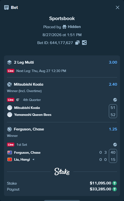 Bet slip: Ferguson, Chase - Liu, Hanyi, $11,095.00 stake at 1.25 odds, placed by Hidden