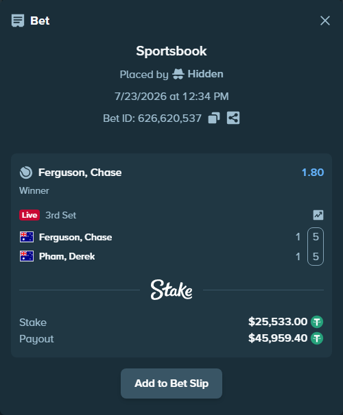 Bet slip: Ferguson, Chase - Pham, Derek, $25,558.53 stake at 1.80 odds, placed by Hidden