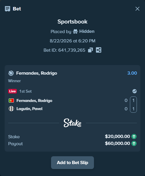 Bet slip: Fernandes, Rodrigo - Lagutin, Pavel, $20,000.00 stake at 3.00 odds, placed by Hidden